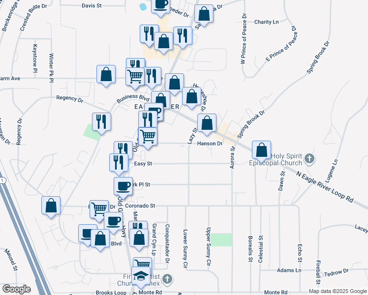 map of restaurants, bars, coffee shops, grocery stores, and more near 11831 Lazy Street in Anchorage