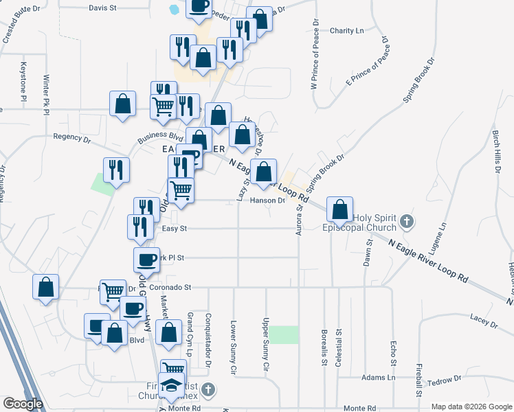 map of restaurants, bars, coffee shops, grocery stores, and more near 17050 Hanson Drive in Anchorage