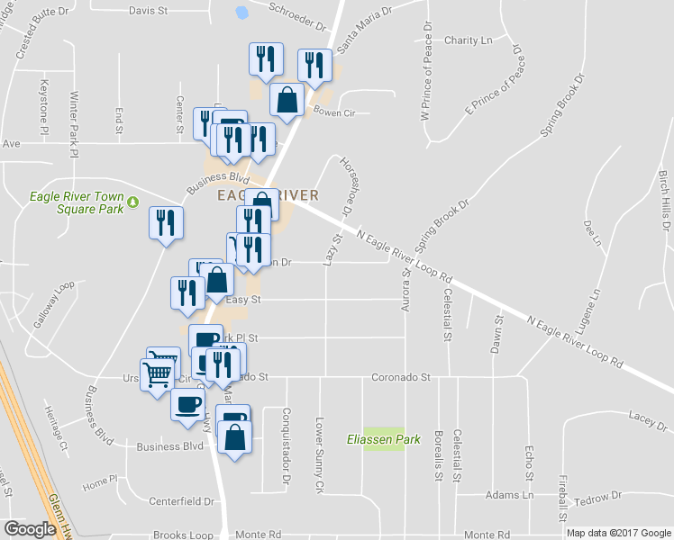 map of restaurants, bars, coffee shops, grocery stores, and more near 11831 Lazy Street in Anchorage