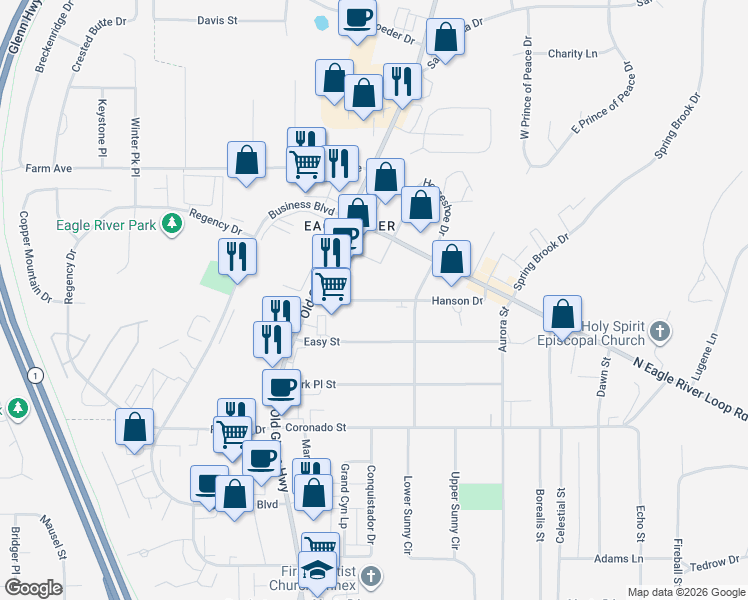 map of restaurants, bars, coffee shops, grocery stores, and more near 16922 Hanson Drive in Anchorage