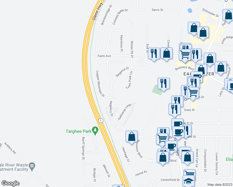 map of restaurants, bars, coffee shops, grocery stores, and more near 16211 Ursa Minor Circle in Anchorage