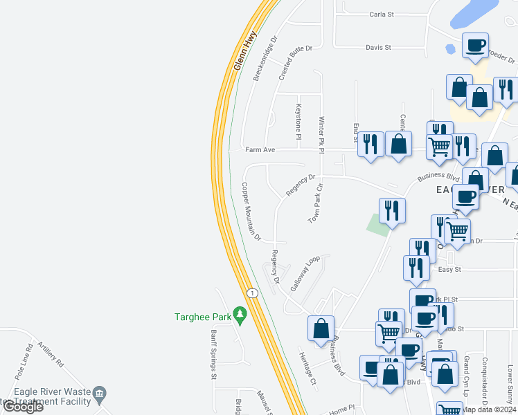 map of restaurants, bars, coffee shops, grocery stores, and more near 11949 Copper Mountain Drive in Anchorage