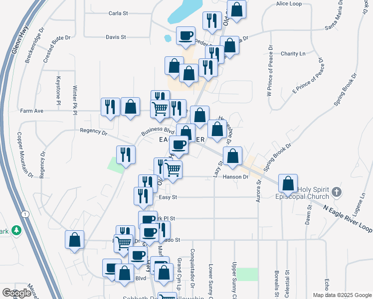 map of restaurants, bars, coffee shops, grocery stores, and more near 12021 Old Glenn Highway in Anchorage
