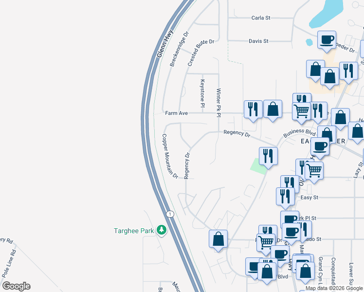 map of restaurants, bars, coffee shops, grocery stores, and more near 12008 Buttermilk Way in Anchorage