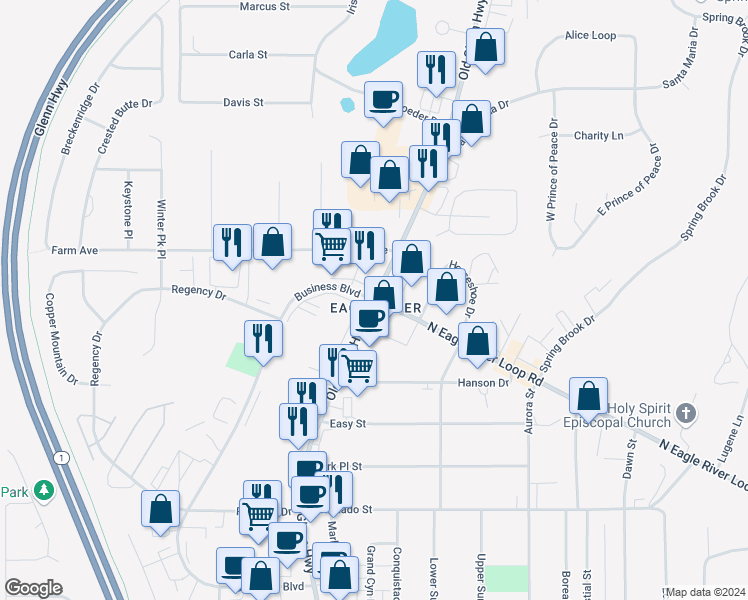 map of restaurants, bars, coffee shops, grocery stores, and more near 0 North Eagle River Loop Road in Anchorage