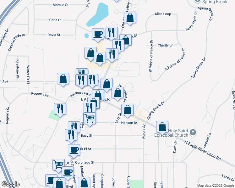 map of restaurants, bars, coffee shops, grocery stores, and more near 12107 Horseshoe Drive in Anchorage