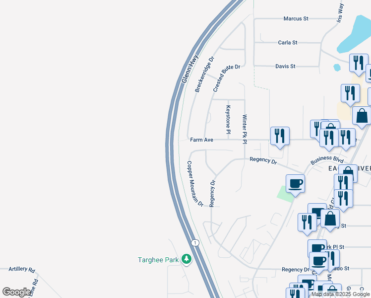 map of restaurants, bars, coffee shops, grocery stores, and more near 12122 Copper Mountain Drive in Anchorage
