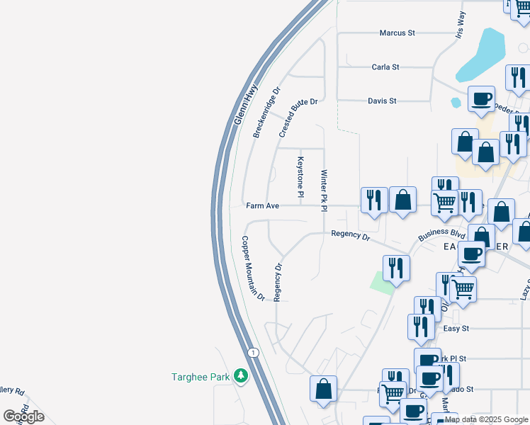 map of restaurants, bars, coffee shops, grocery stores, and more near 16203 Copper Mountain Circle in Anchorage