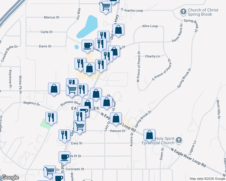 map of restaurants, bars, coffee shops, grocery stores, and more near 12112 Horseshoe Drive in Anchorage