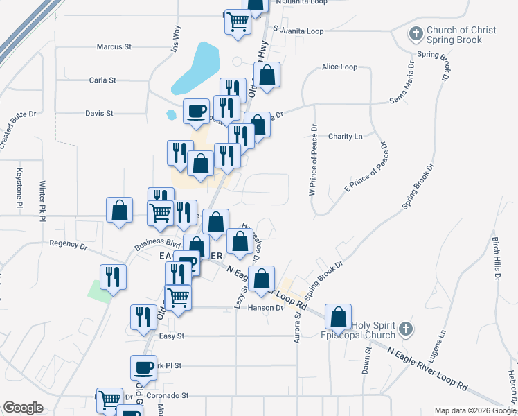 map of restaurants, bars, coffee shops, grocery stores, and more near 12112 Horseshoe Drive in Anchorage