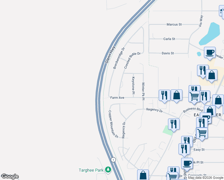 map of restaurants, bars, coffee shops, grocery stores, and more near 12142 Copper Mountain Drive in Anchorage