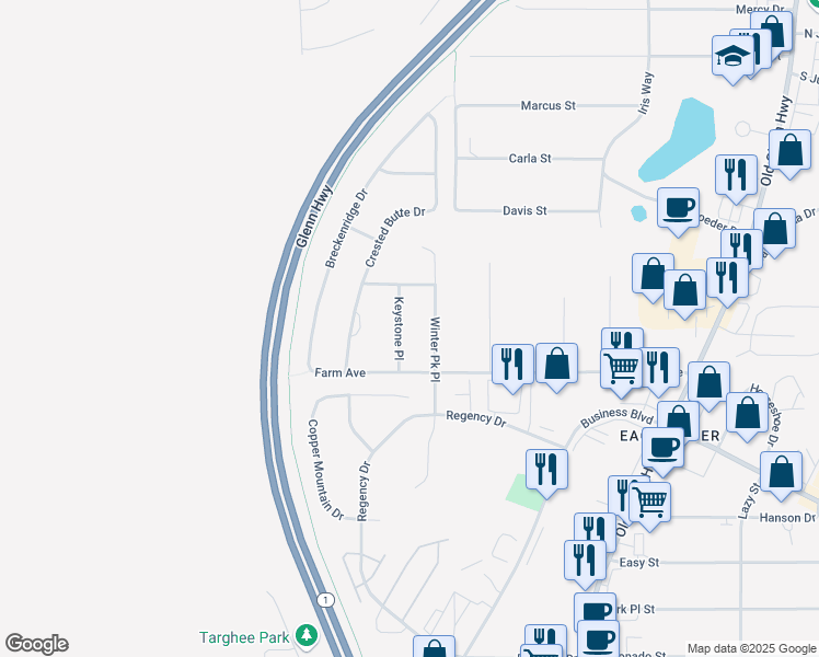 map of restaurants, bars, coffee shops, grocery stores, and more near 12245 Keystone Place in Anchorage