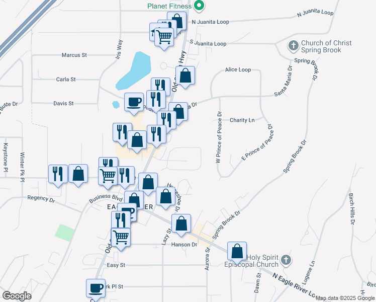 map of restaurants, bars, coffee shops, grocery stores, and more near 12349 Old Glenn Highway in Anchorage