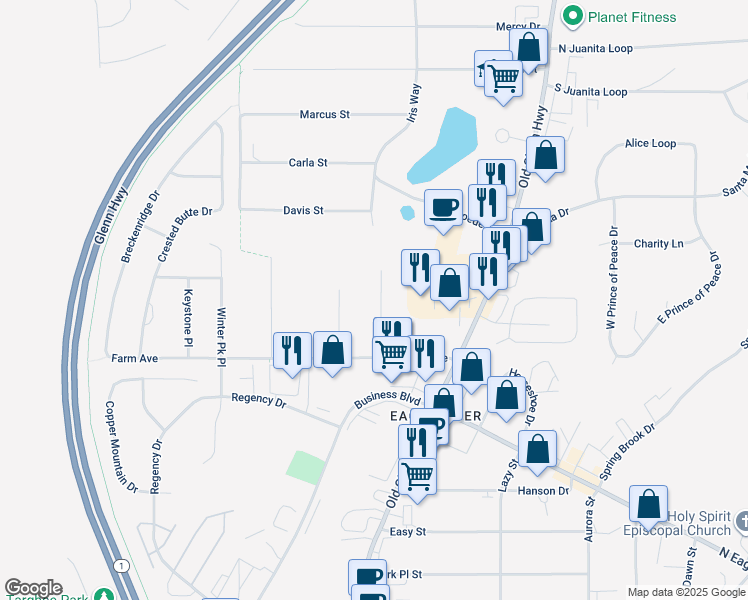 map of restaurants, bars, coffee shops, grocery stores, and more near 12316 Lake Street in Anchorage