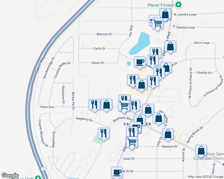 map of restaurants, bars, coffee shops, grocery stores, and more near 12316 Lake Street in Anchorage