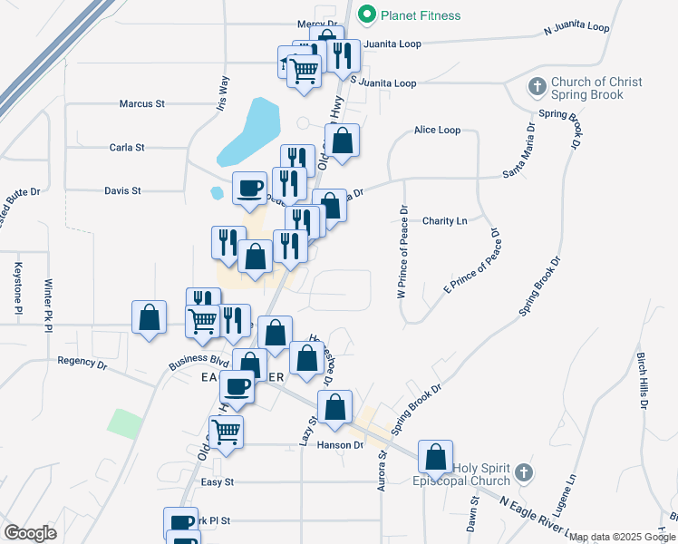 map of restaurants, bars, coffee shops, grocery stores, and more near 12349 Old Glenn Highway in Anchorage