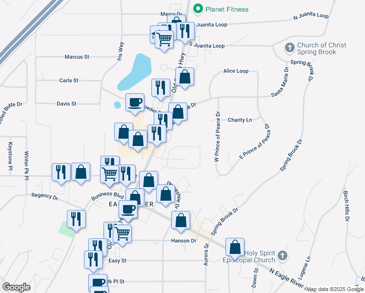 map of restaurants, bars, coffee shops, grocery stores, and more near Vista Ridge Loop in Anchorage
