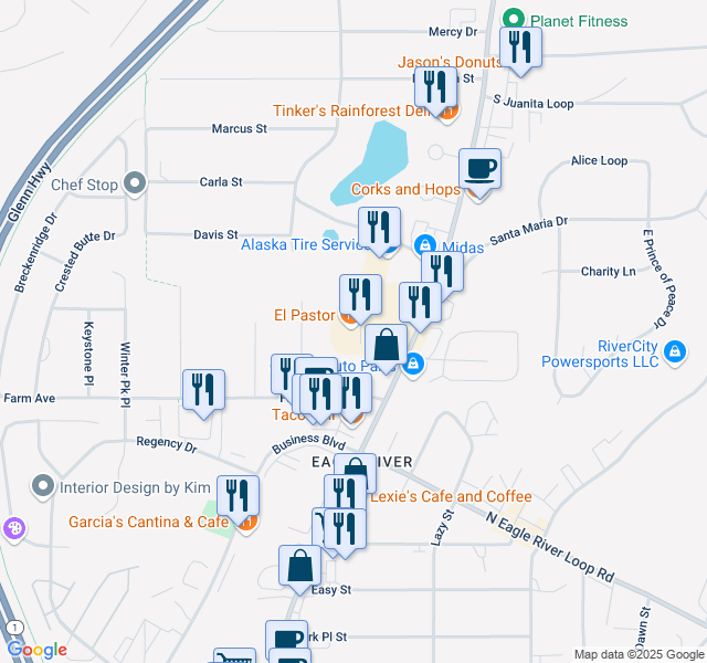 map of restaurants, bars, coffee shops, grocery stores, and more near 12340 Old Glenn Highway in Anchorage
