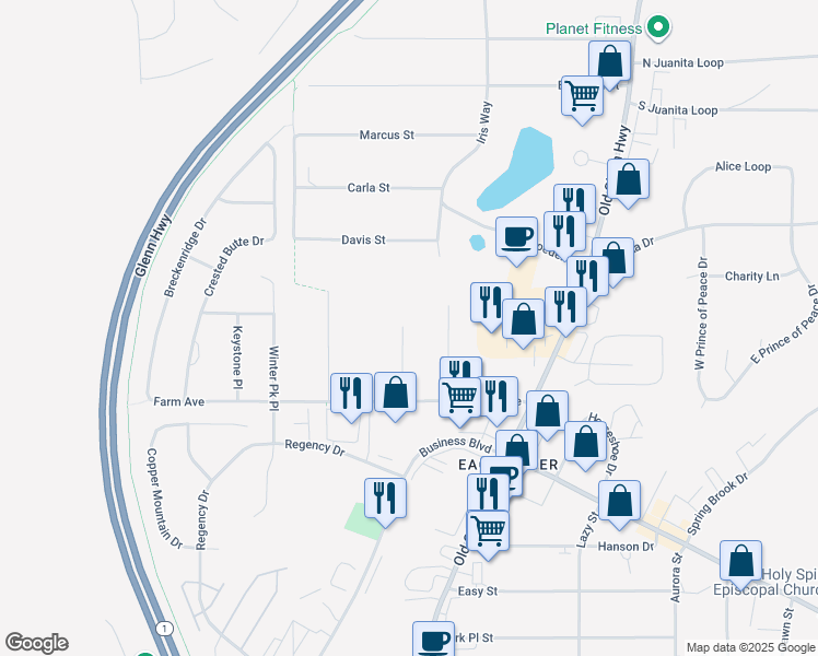 map of restaurants, bars, coffee shops, grocery stores, and more near 12317 Center Street in Anchorage