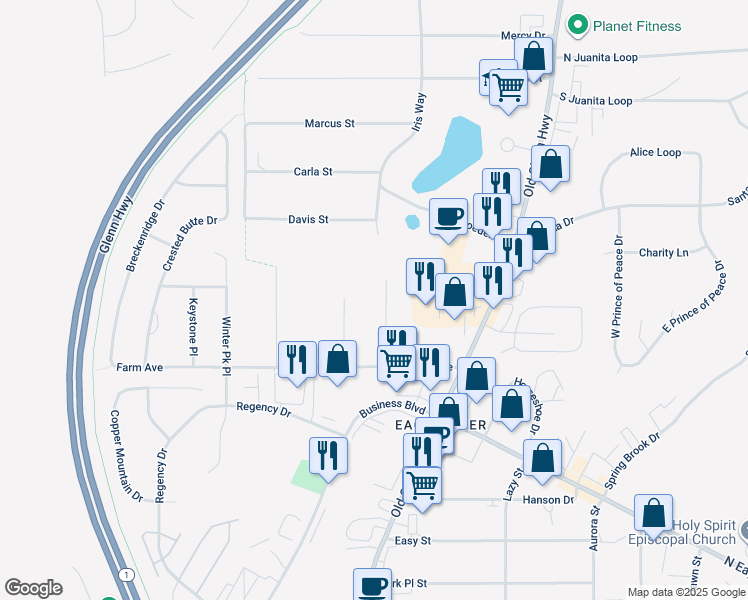 map of restaurants, bars, coffee shops, grocery stores, and more near 12316 Lake Street in Anchorage