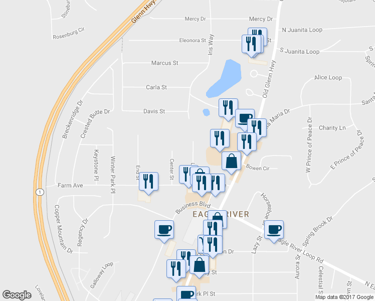 map of restaurants, bars, coffee shops, grocery stores, and more near 12316 Lake Street in Anchorage
