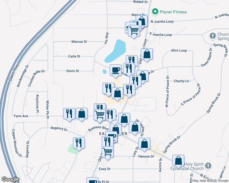map of restaurants, bars, coffee shops, grocery stores, and more near 12340 Old Glenn Highway in Anchorage