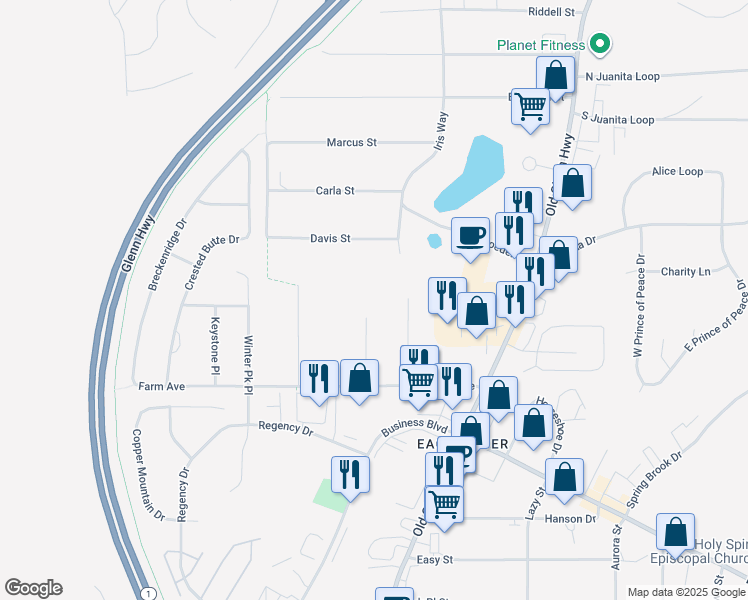 map of restaurants, bars, coffee shops, grocery stores, and more near 12317 Center Street in Anchorage