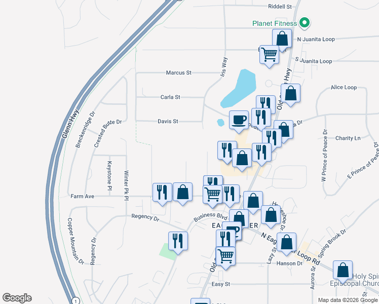 map of restaurants, bars, coffee shops, grocery stores, and more near 12317 Center Street in Anchorage