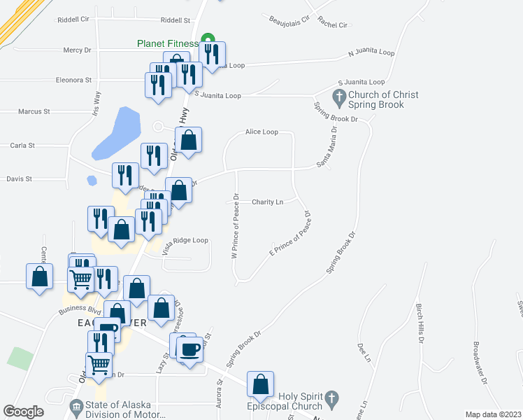 map of restaurants, bars, coffee shops, grocery stores, and more near 17322 Charity Lane in Anchorage