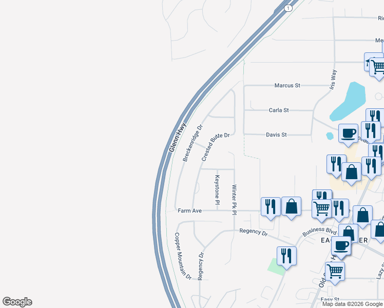 map of restaurants, bars, coffee shops, grocery stores, and more near 12506 Breckenridge Drive in Anchorage