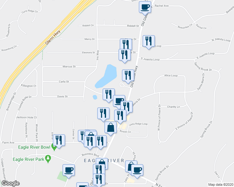 map of restaurants, bars, coffee shops, grocery stores, and more near 16917 Schroeder Drive in Anchorage