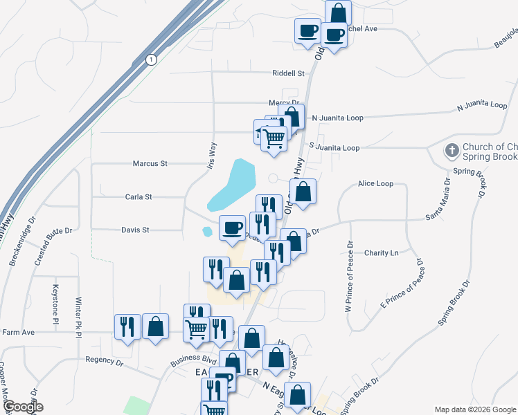 map of restaurants, bars, coffee shops, grocery stores, and more near 16917 Schroeder Dr in Anchorage