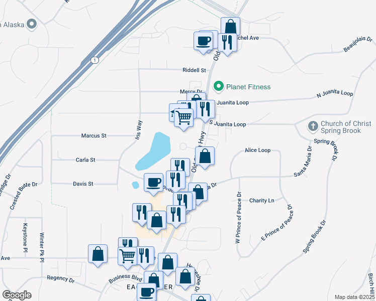 map of restaurants, bars, coffee shops, grocery stores, and more near 12600 Old Glenn Highway in Anchorage