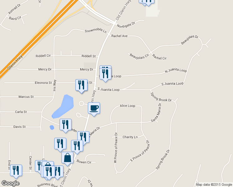map of restaurants, bars, coffee shops, grocery stores, and more near 17228 South Juanita Loop in Eagle River