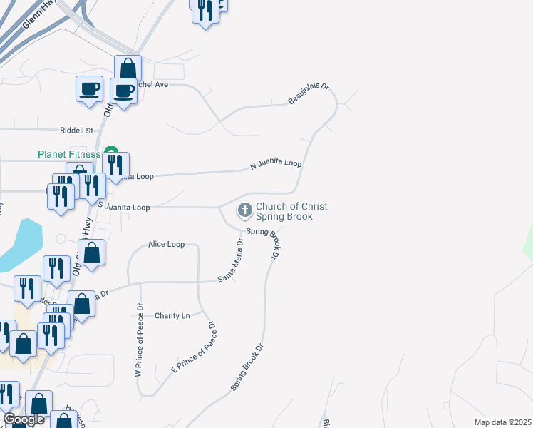 map of restaurants, bars, coffee shops, grocery stores, and more near 17627 South Juanita Loop in Anchorage
