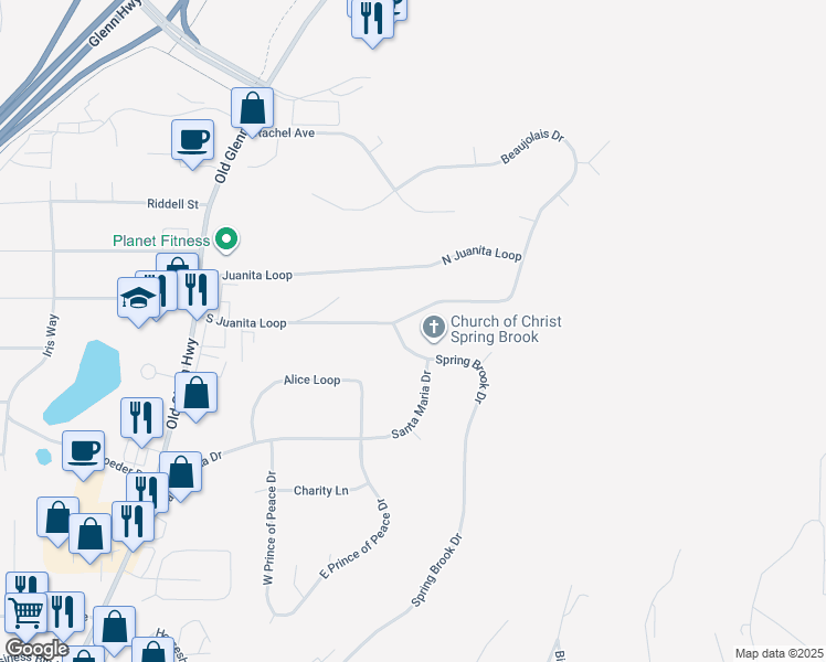 map of restaurants, bars, coffee shops, grocery stores, and more near 12745 Spring Brook Drive in Anchorage