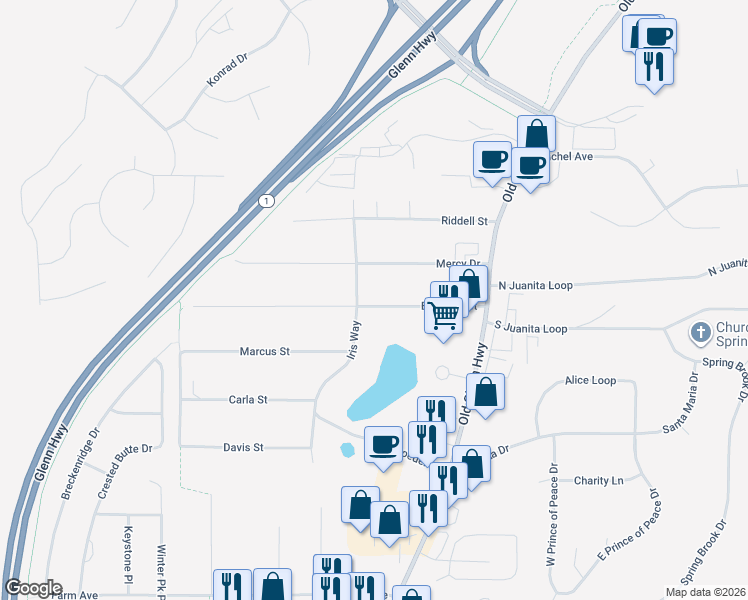 map of restaurants, bars, coffee shops, grocery stores, and more near 16825 Eleonora Street in Anchorage