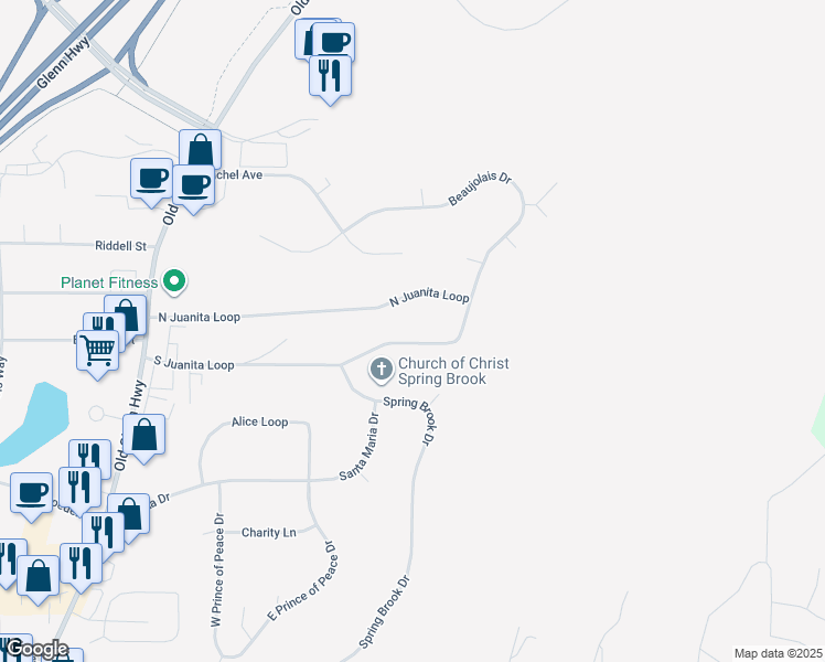 map of restaurants, bars, coffee shops, grocery stores, and more near 17627 South Juanita Loop in Anchorage