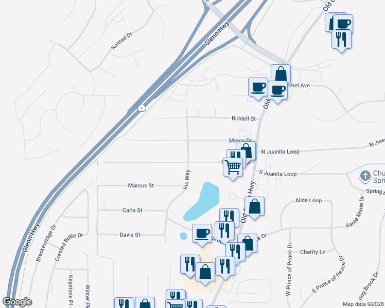 map of restaurants, bars, coffee shops, grocery stores, and more near 16825 Eleonora Street in Anchorage