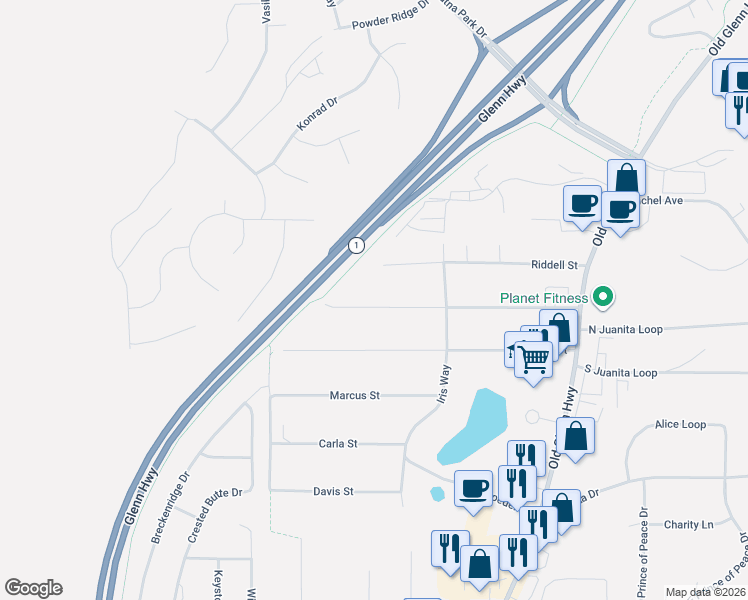 map of restaurants, bars, coffee shops, grocery stores, and more near 16624 Riddell Circle in Anchorage