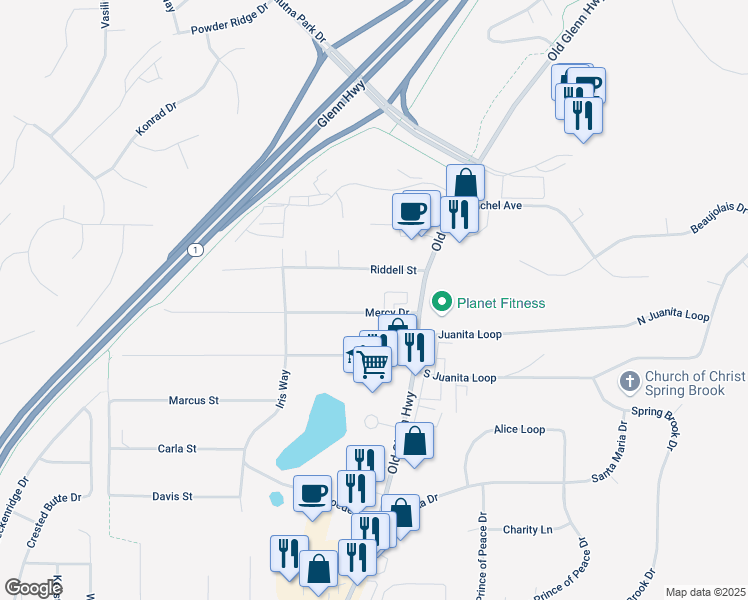 map of restaurants, bars, coffee shops, grocery stores, and more near 17006 Riddell Street in Anchorage