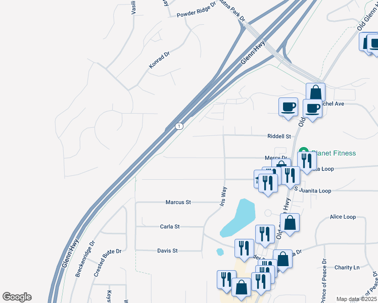 map of restaurants, bars, coffee shops, grocery stores, and more near 16624 Riddell Circle in Anchorage