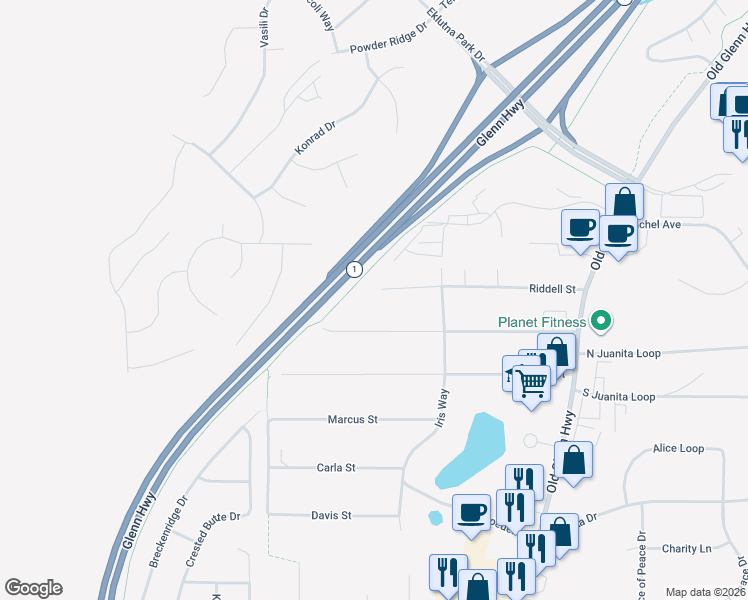 map of restaurants, bars, coffee shops, grocery stores, and more near 16626 Riddell Circle in Anchorage