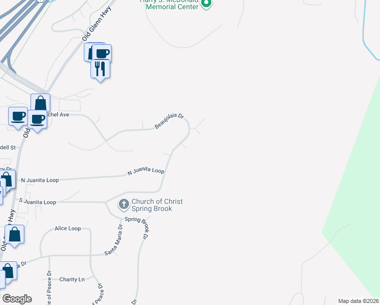 map of restaurants, bars, coffee shops, grocery stores, and more near 17934 Sauvignon Circle in Anchorage