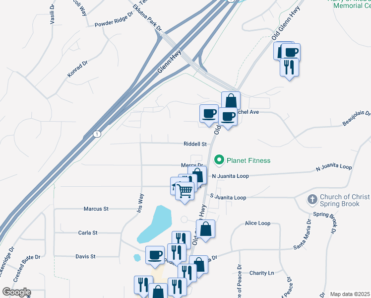 map of restaurants, bars, coffee shops, grocery stores, and more near 17006 Riddell Street in Anchorage
