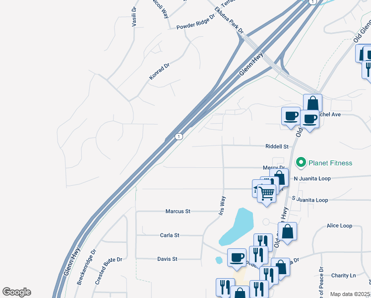 map of restaurants, bars, coffee shops, grocery stores, and more near 16624 Riddell Circle in Anchorage