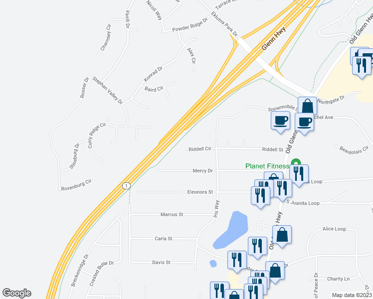 map of restaurants, bars, coffee shops, grocery stores, and more near 16601 Riddell Circle in Anchorage