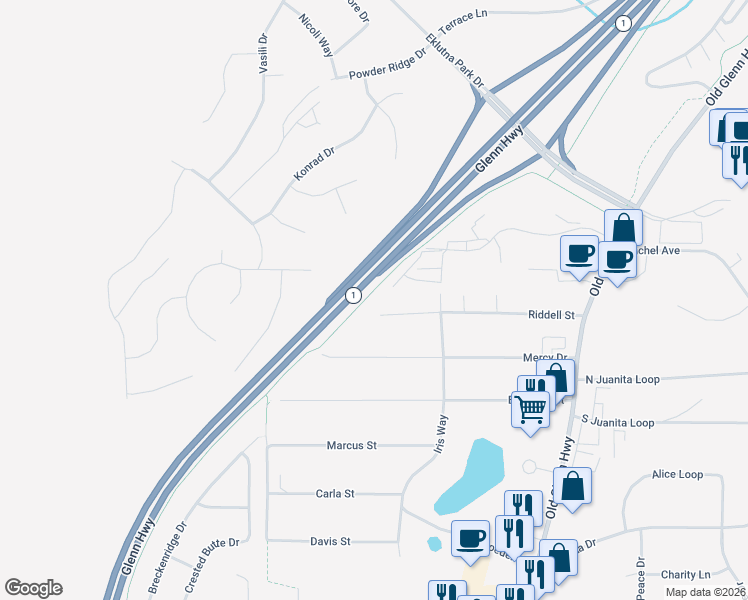 map of restaurants, bars, coffee shops, grocery stores, and more near 16624 Riddell Circle in Anchorage