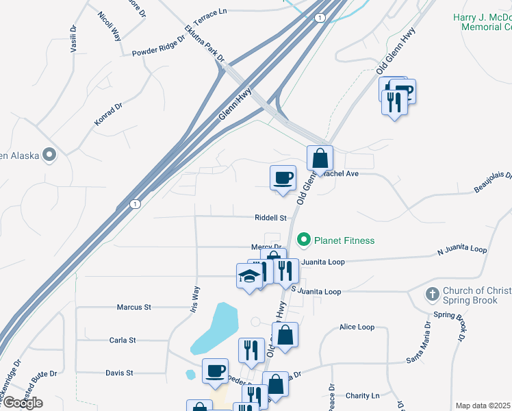 map of restaurants, bars, coffee shops, grocery stores, and more near 17005 Riddell Street in Anchorage