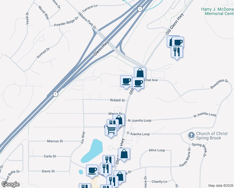 map of restaurants, bars, coffee shops, grocery stores, and more near 17006 Riddell Street in Anchorage